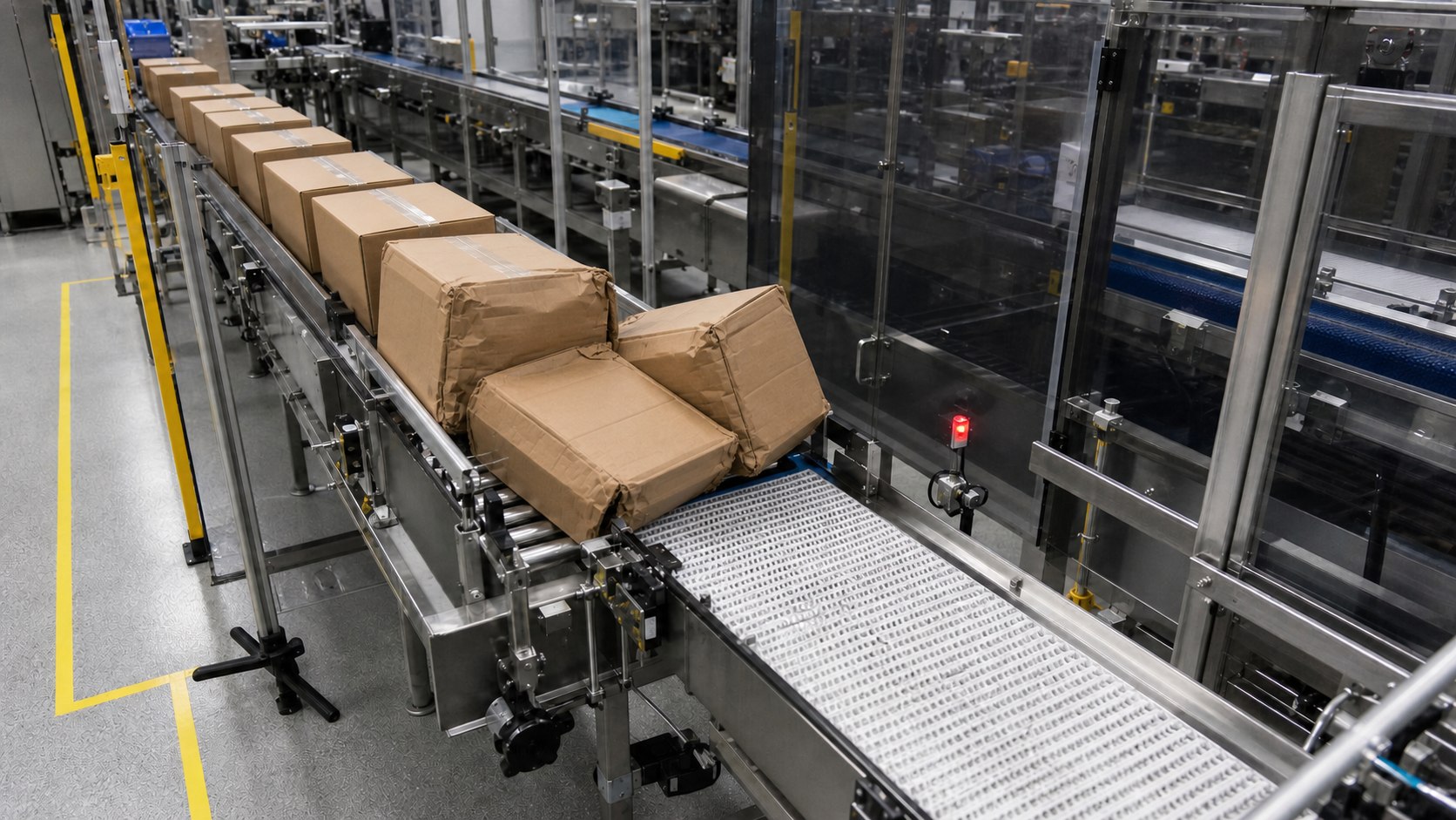 Demonstration packaging line with deformed cartons on a conveyor